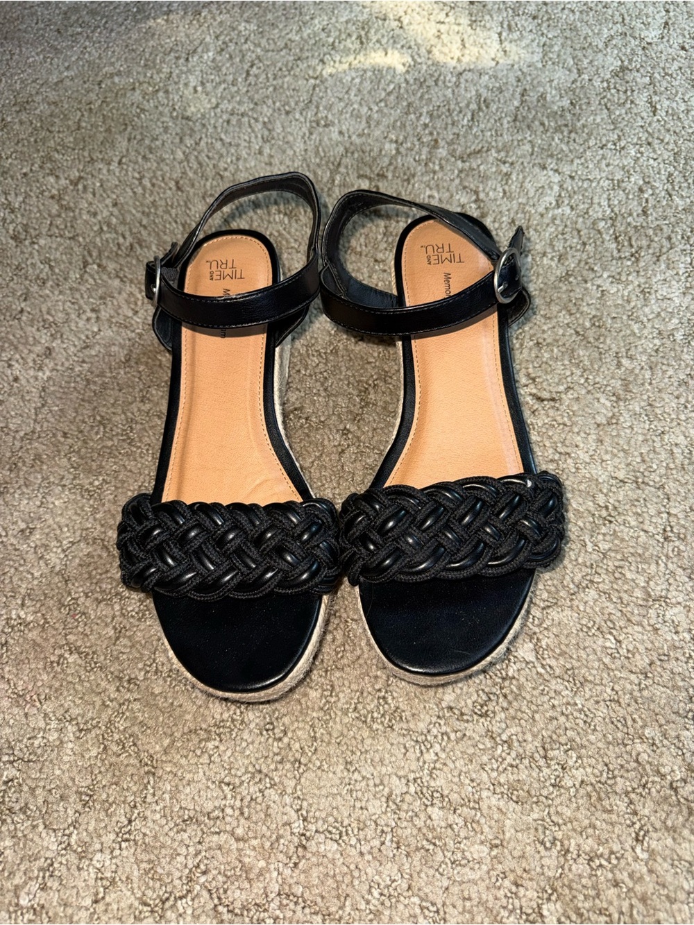 Time and Tru Black Braided Ankle-Strap Sandals